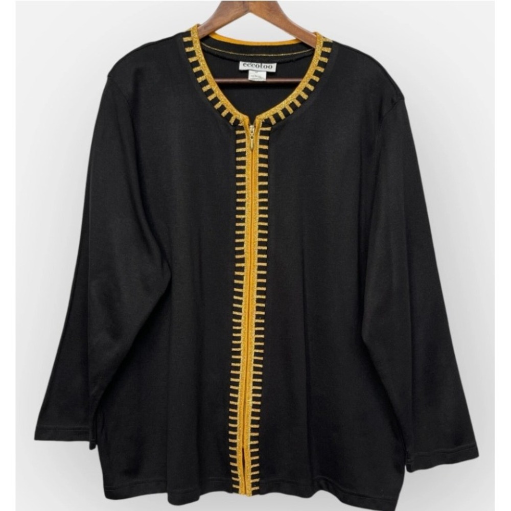 Eccotoo Womens 3X Cardigan Sweater Black Gold Metallic Zip Front Knit NWT